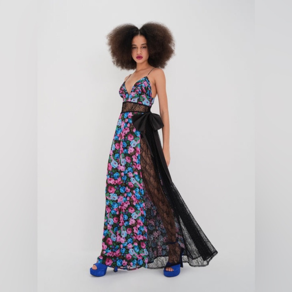 NWT for love & lemons Marley Maxi Dress maxi lace high slit floral XS revolve